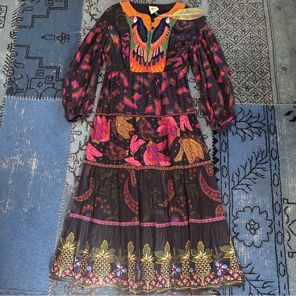 Beaded/Embroidered Cotton Rainbow Birds Maxi Dress